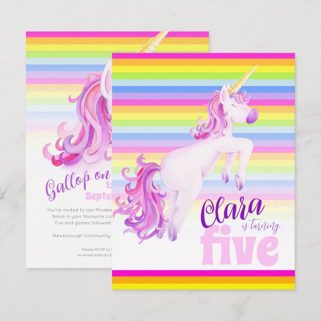 Einhornkunst Regenbogen 5. Geburtstag Einladungen (Vorne/Hinten)