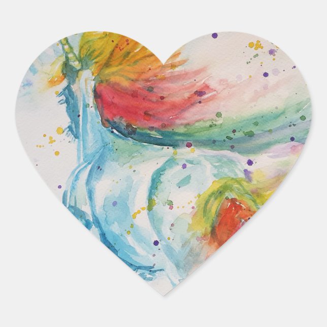 Einhornmalerei Aquarellmalerei Rainbow Art Herz-Aufkleber (Vorderseite)