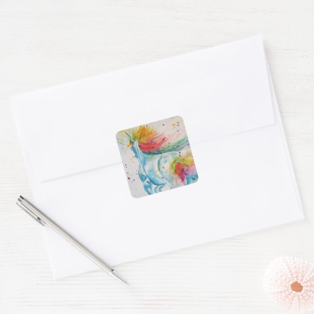 Einhornmalerei Aquarellmalerei Rainbow Art Quadratischer Aufkleber (Umschlag)