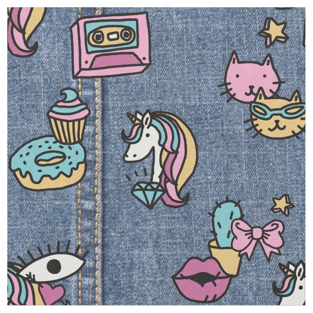 Einhornpatronen mit Denim-Stoff Stoff (Nahaufnahme)