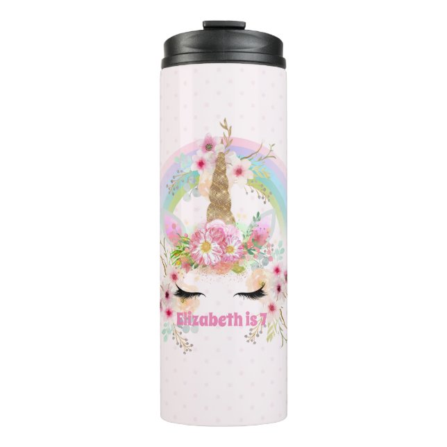 Einhornraumdekor Rosa Gold Regenbogen-Blume mit Na Thermosbecher (Vorderseite)