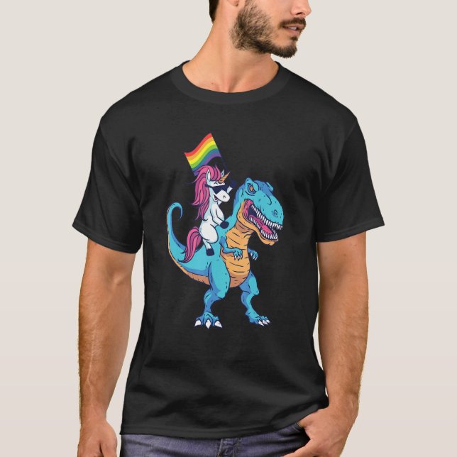 Einhornreiten Dinosaurier mit Regenbogen L T-Shirt (Vorderseite)
