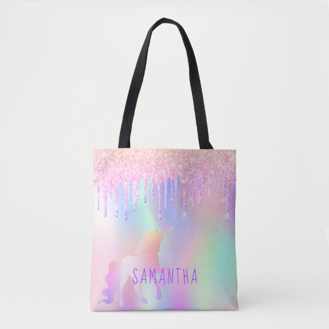 Einhornrosa lila holografischer Name Tasche (Vorderseite)