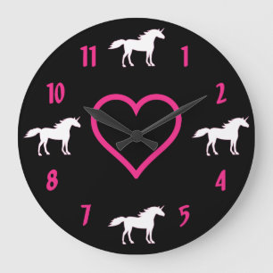 Einhornsäulenuhr ~ Hot Pink, Black und White Große Wanduhr