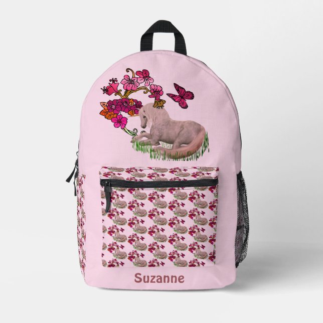 Einhornschmetterlinge und Blume Personalisiert Bedruckter Rucksack (Vorderseite)