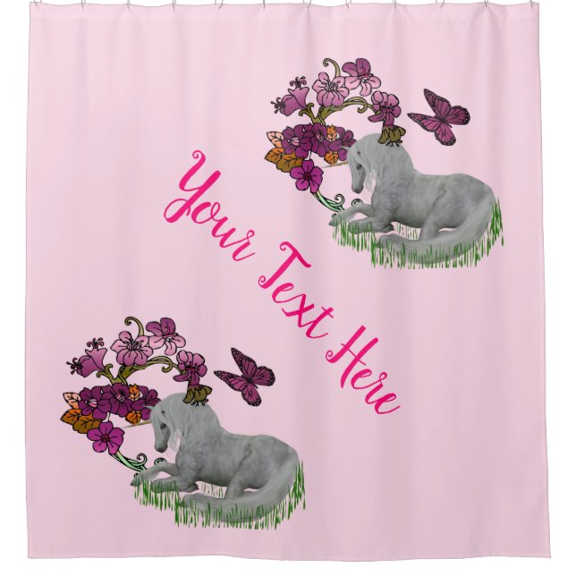 Einhornschmetterlinge und Blume Personalisiert Duschvorhang (Vorderseite)