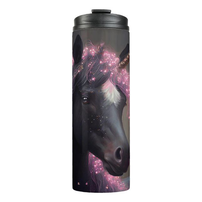 Einhornschwarz-rosa Fantasiewesen Thermosbecher (Vorderseite)