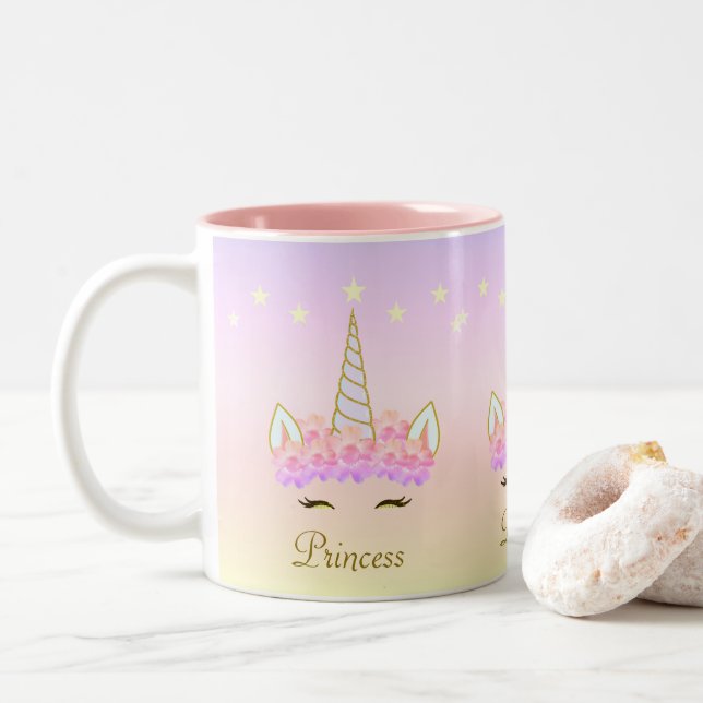 Einhornsteine Blume Stars & Kalligraphie Zweifarbige Tasse (Mit Donut)