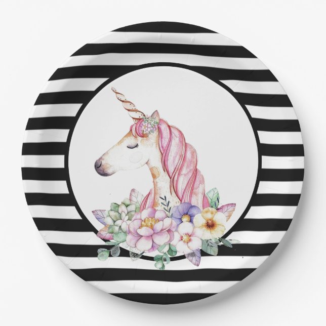 Einhornstreifen und Blume Pappteller (Vorderseite)