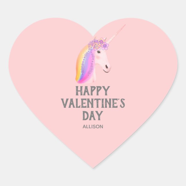 Einhornter Valentinstag Rosa Personalisiert Herz-Aufkleber (Vorderseite)