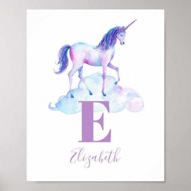 Einhorntier Babymonogramm. Name des lila Kinderzim Poster (Vorne)