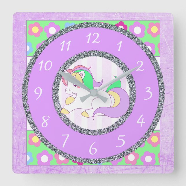 Einhornuhr mit lila und grünen Blume Quadratische Wanduhr (Vorderseite)