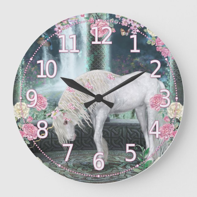 Einhornwall-Uhr, Einzigartige Fantasiekunst Große Wanduhr (Vorderseite)