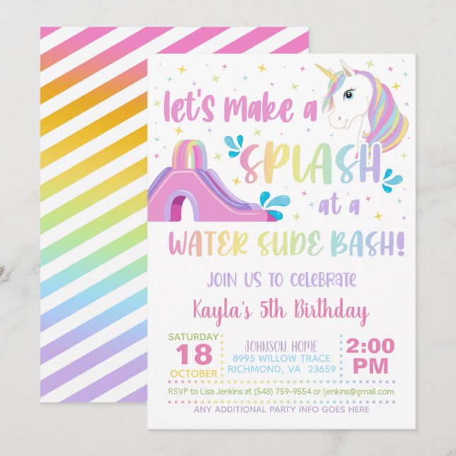 Einhornwasserrutsche zum Geburtstag Einladung (Vorne/Hinten)