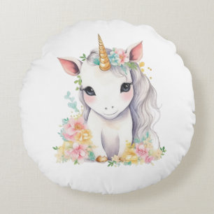 Einhornweiß und Rose Aquarell Rundes Kissen