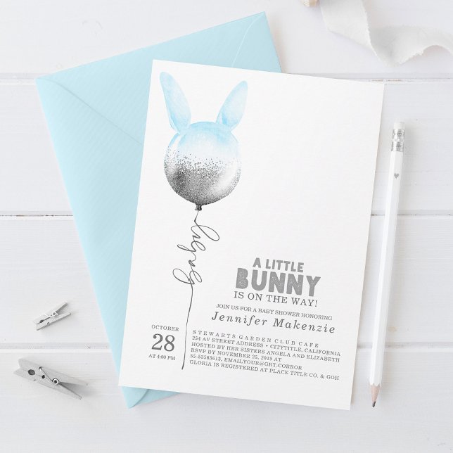 Einige Bunny Blue Balloon Elegante Spring Baby Dus Einladung (Von Creator hochgeladen)