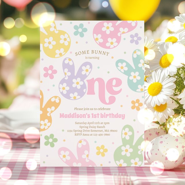 Einige Bunny Daisy Floral Pastel Frühling 1. Gebur Einladung (Von Creator hochgeladen)