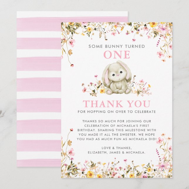 Einige Bunny drehte sich ein rosa Mädchen am 1. Ge Dankeskarte (Vorne/Hinten)