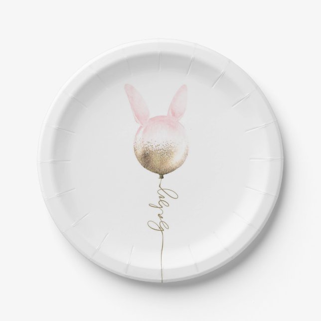 Einige Bunny Gold Glitzer Balloon Pink Baby Dusche Pappteller (Vorderseite)