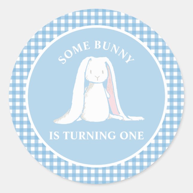 Einige Bunny ist One blue Gingham Birthday Runder Aufkleber (Vorderseite)