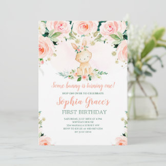 Einige Bunny ist One Pink Floral Rose 1. Geburtsta Einladung