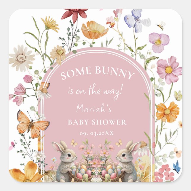 Einige Bunny Oaster Wildblume Kinderdusche Quadratischer Aufkleber (Vorderseite)