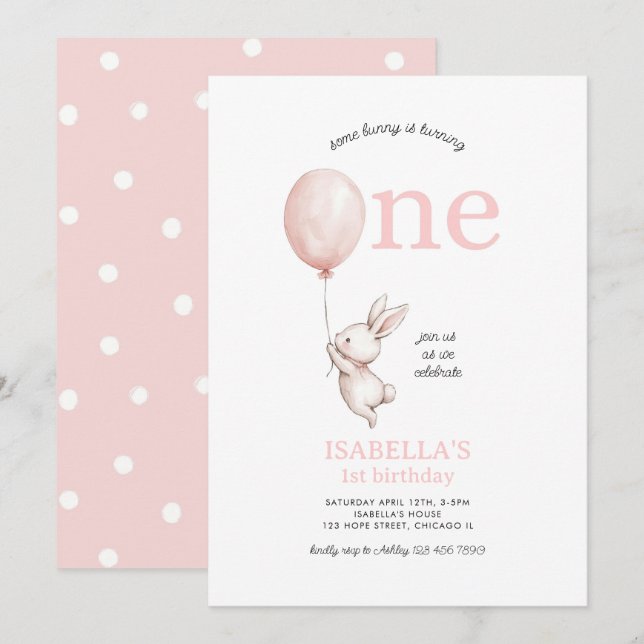 Einige Bunny Pink Girl Frühjahr Ostern 1. Geburtst Einladung (Vorne/Hinten)