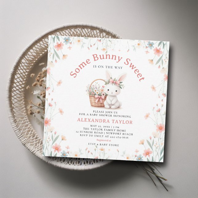 Einige Bunny Sweet Wildblumen Picnic Baby Dusche Einladung (some bunny sweet baby girl shower invitation springtime picnic easter basket wildflowers pink bow)