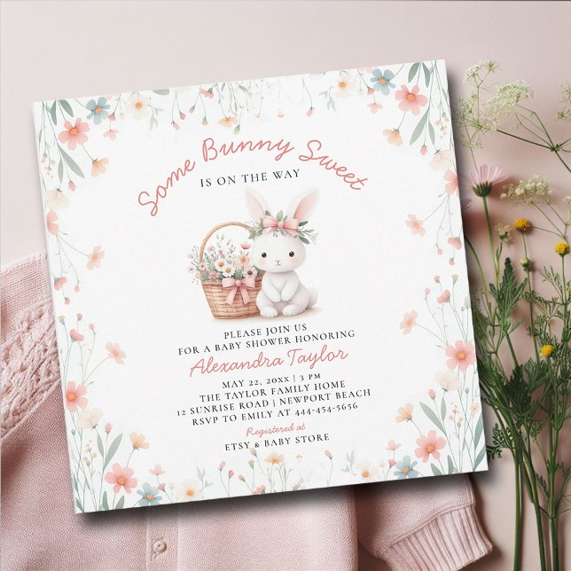 Einige sonnige süße Wildblumen Pink Bow Baby Dusch Einladung (some bunny sweet baby girl shower invitation springtime picnic Easter basket wildflowers pink bow )