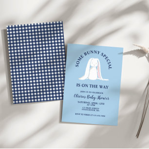 Einiges Häschen-Baby-Shower-Blau-Kariert Einladung