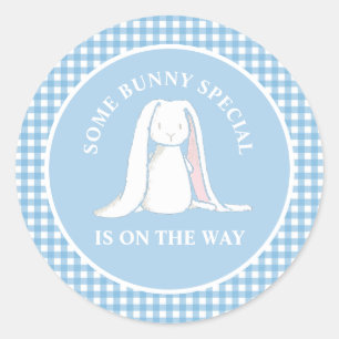 Einiges Häschen blau Gingham-Baby-Party Runder Aufkleber