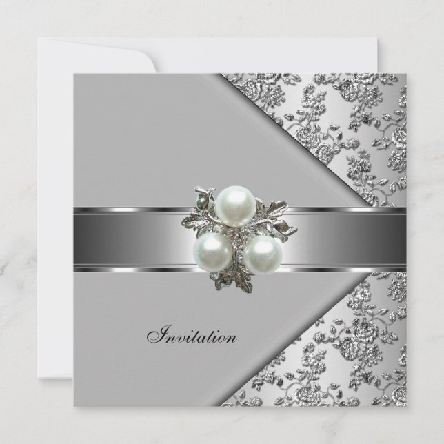 Einladend Elegant Classy Pearl Jewel Silver Floral Einladung (Vorderseite)
