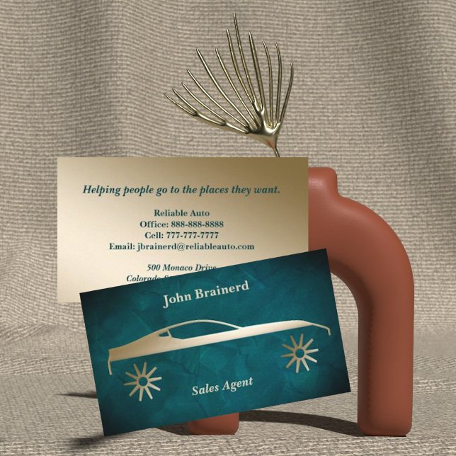 Einladende Gold & Aquamarine Auto Business Card Visitenkarte (Von Creator hochgeladen)