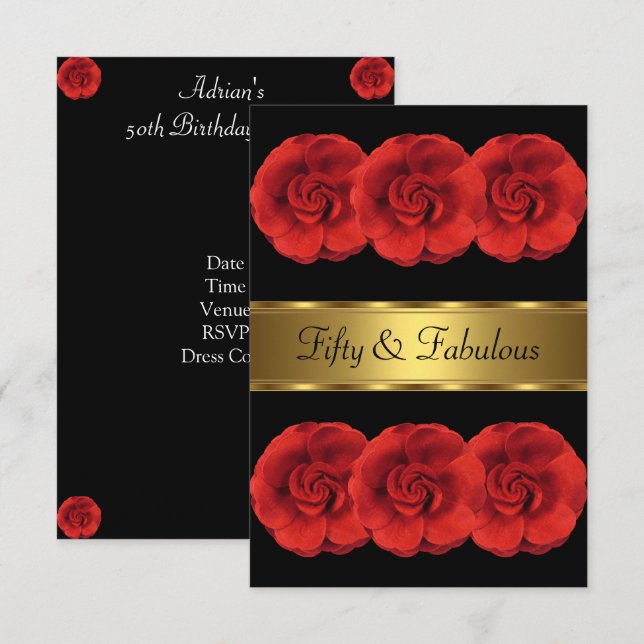 Einladende Red Blume Black Gold Fantastische 50. Einladung (Vorne/Hinten)