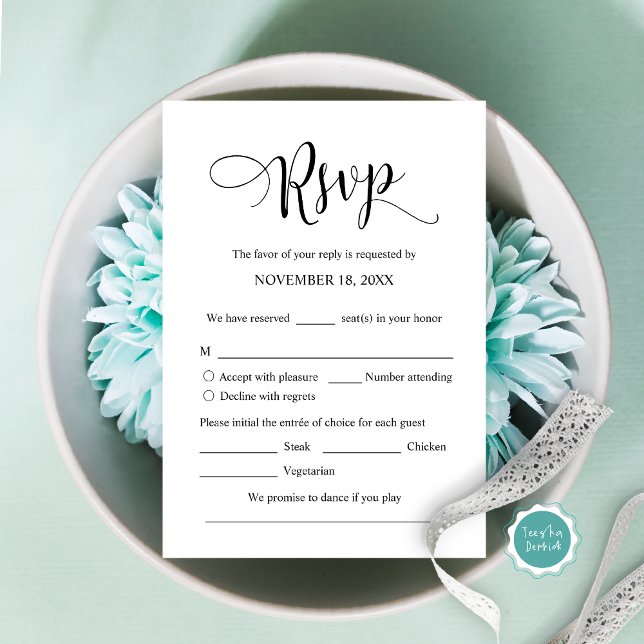 Einladende UAWG für Hochzeiten, Mahlzeiten Karte (Modern Wedding Invitation RSVP card, with meal options, accept, decline, song request.)