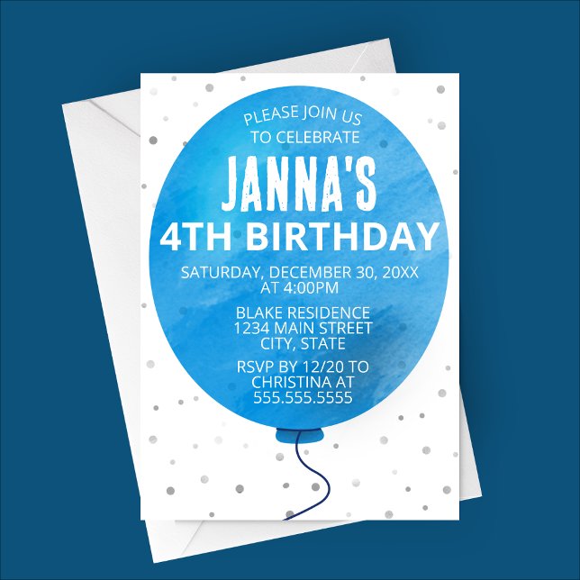 Einladung (Blue Watercolor Balloon Birthday Party Invitation)