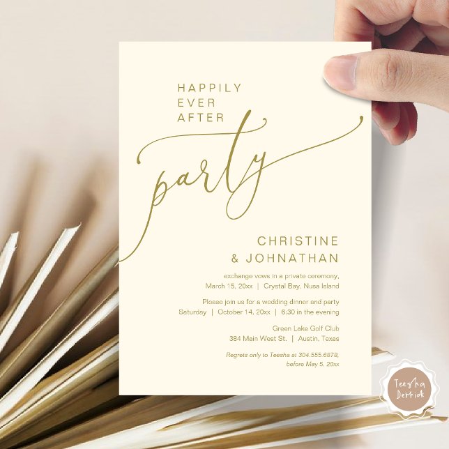 Einladung (Happily Ever After Party, Modern Romantic Wedding Elopement Dinner Invitation Card, in Classy Gold)