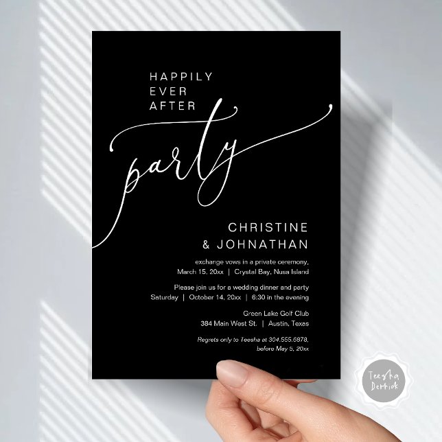 Einladung (Happily Ever After Party, Modern Romantic Wedding Elopement Dinner Invitation Card, in Classy Black)