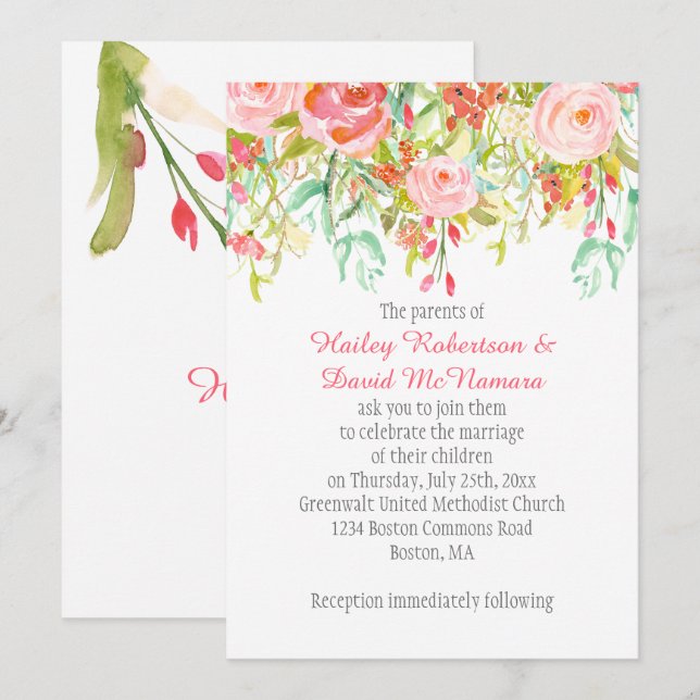 Einladung #2 Rosa Rosen Mint Wildblumen Grünfläche (Vorne/Hinten)