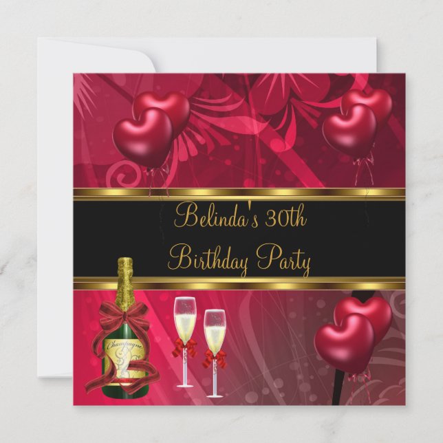 Einladung 30. Geburtstag Party Black Red Balloons (Vorderseite)