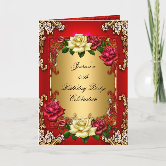 Einladung 50. Geburtstagsparty Red Gold Rose (Vorderseite)