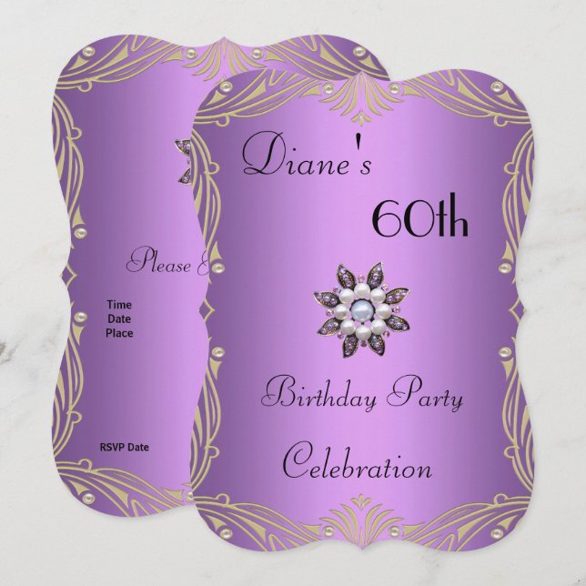 Einladung 60. Geburtstag Floral Mauve Pearl Jewel (Vorne/Hinten)