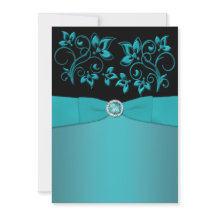Einladung aquamariner und schwarzer Blütenschmuck