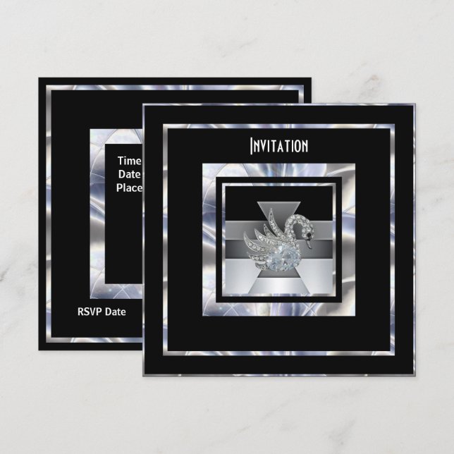 Einladung Art Deco Silver Black Diamond Swan (Vorne/Hinten)