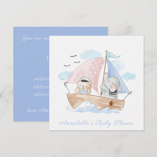 EINLADUNG: Babyparty: BEAR + ELEPHANT Einladung (Vorne/Hinten)