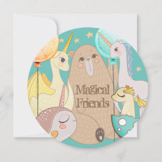 Einladung Bär, Drache, Einhorn, magische Freunde