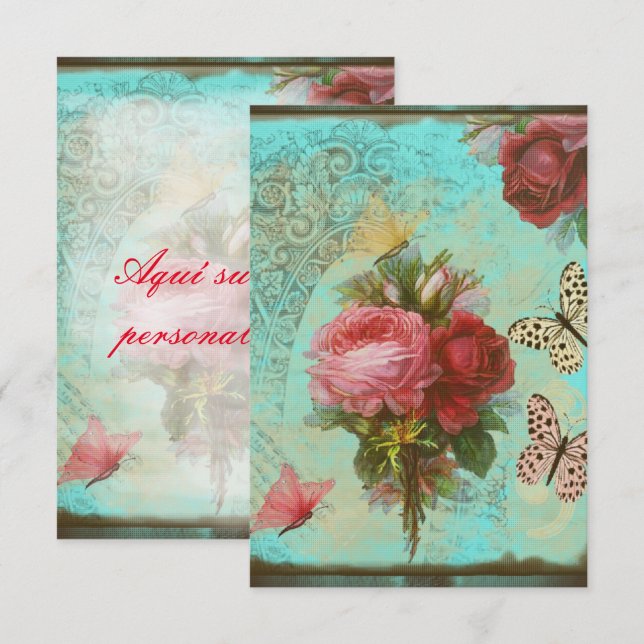 Einladung Blumen und Schmetterlinge vintage in (Vorne/Hinten)
