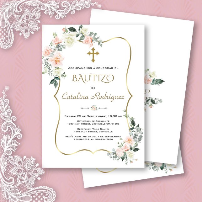 Einladung De Bautizo Con Flores Gold Taufe (pink white flowers bautizo invite, trendy modern  elegant floral gold bautizo invitation, spanish )