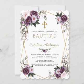 Einladung De Bautizo Purple Flowers Gold Girl
