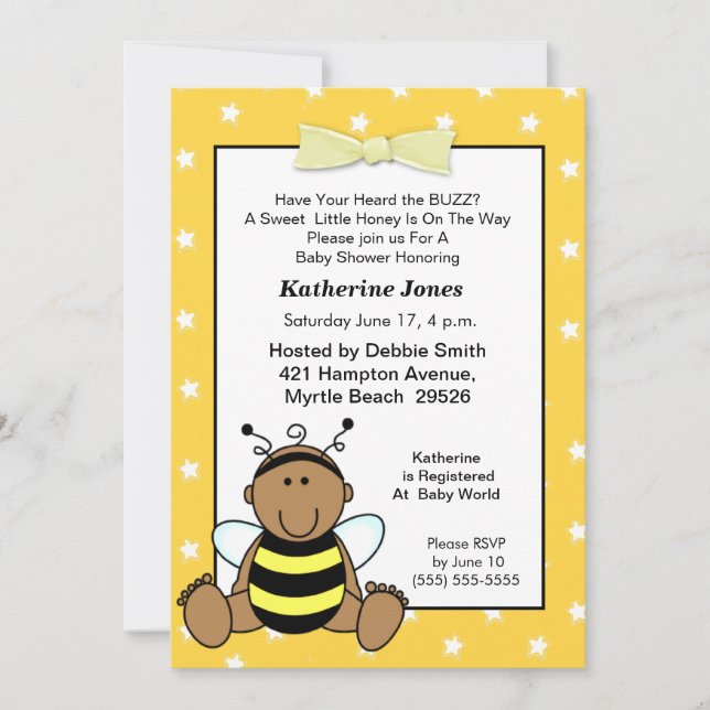 Einladung der Afroamerikanerin Baby Bee Baby Showe (Vorderseite)